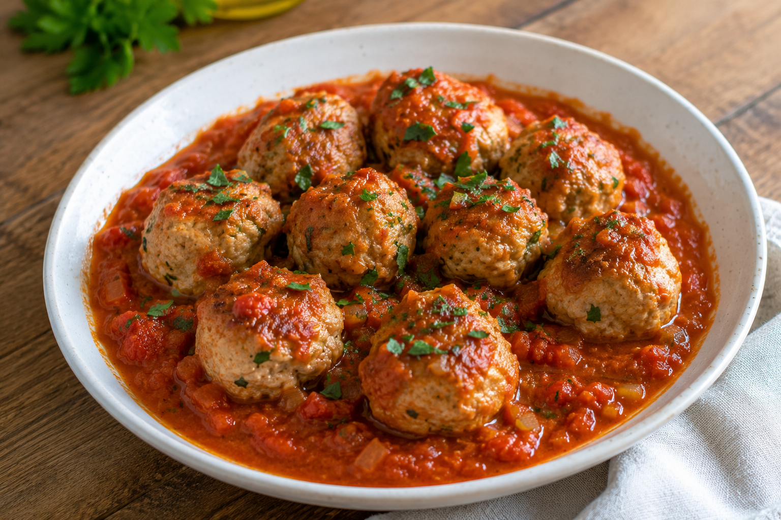 Albóndigas de pavo en salsa de tomate, jugosas y ligeras, un plato de toda la vida hecho más saludable en 35 minutos.