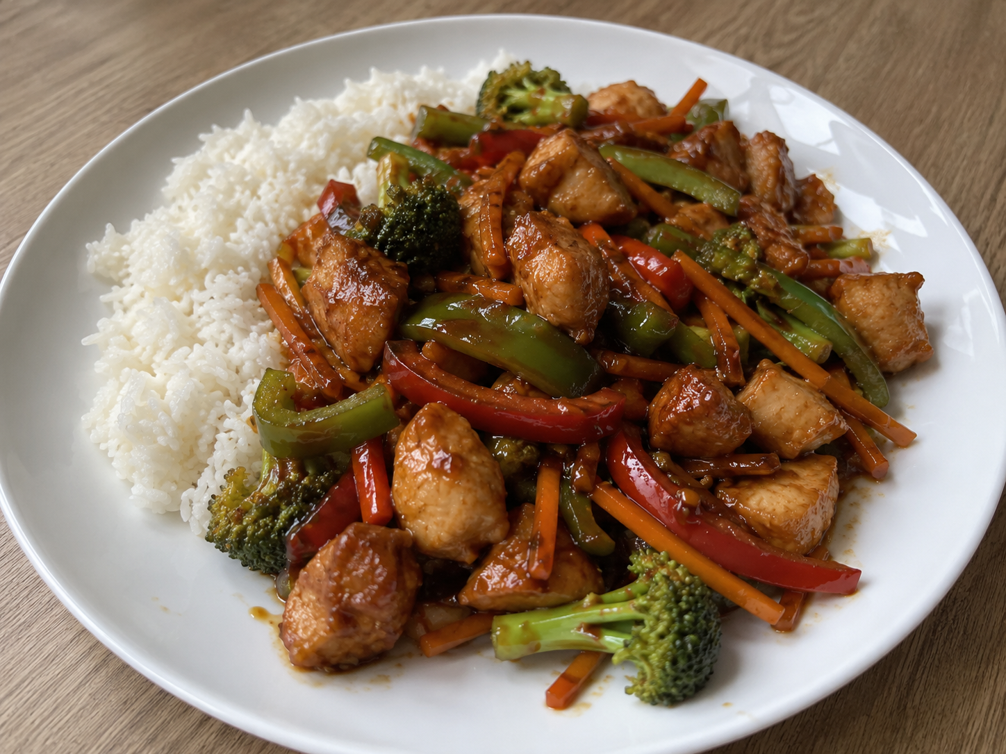 Pollo teriyaki casero con arroz y verduras salteadas, dulce, salado y listo en menos de 30 minutos.