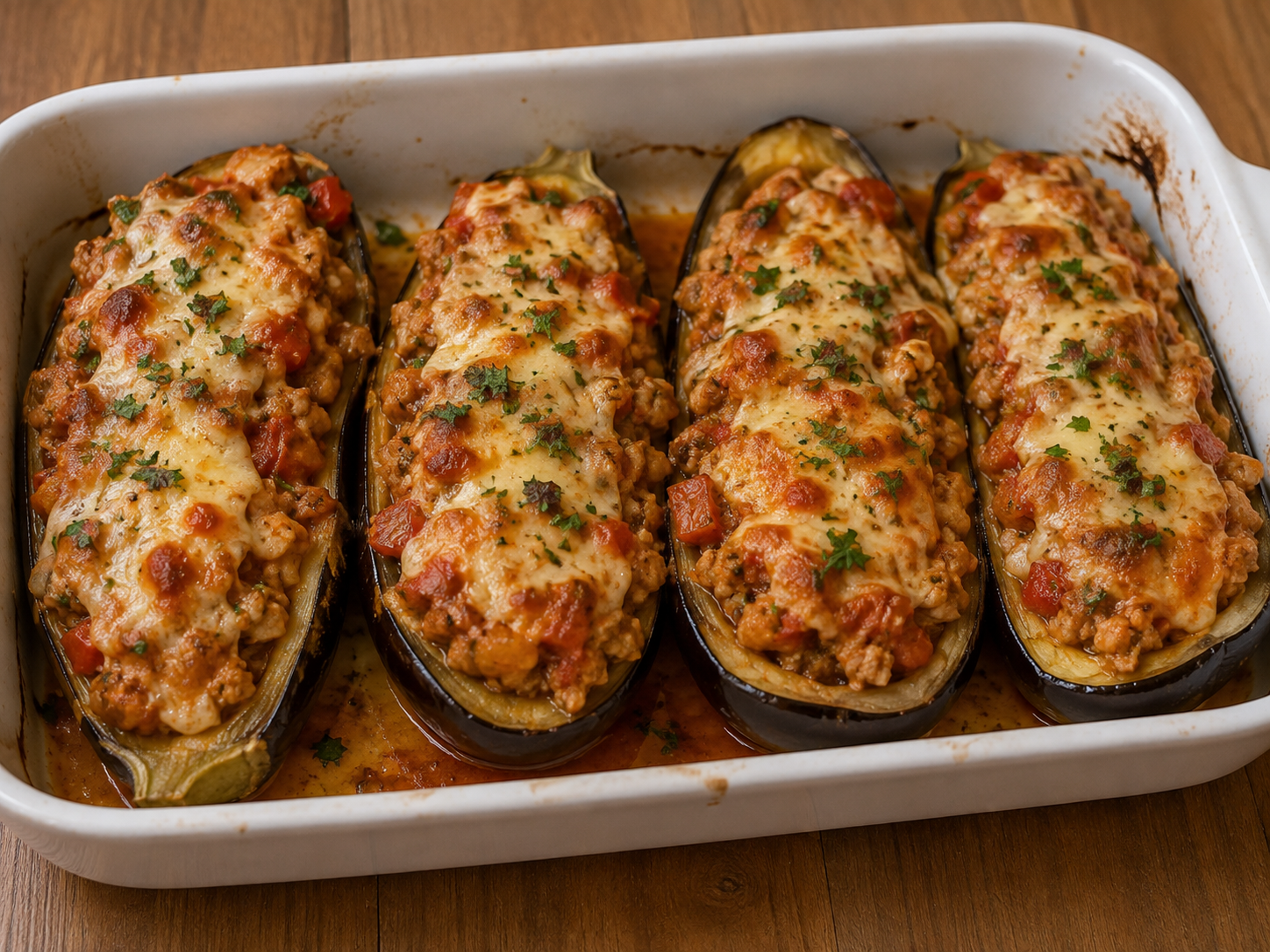 Berenjenas rellenas de pavo y verduras al horno, jugosas y ligeras, un plato mediterráneo completo en un solo bocado.