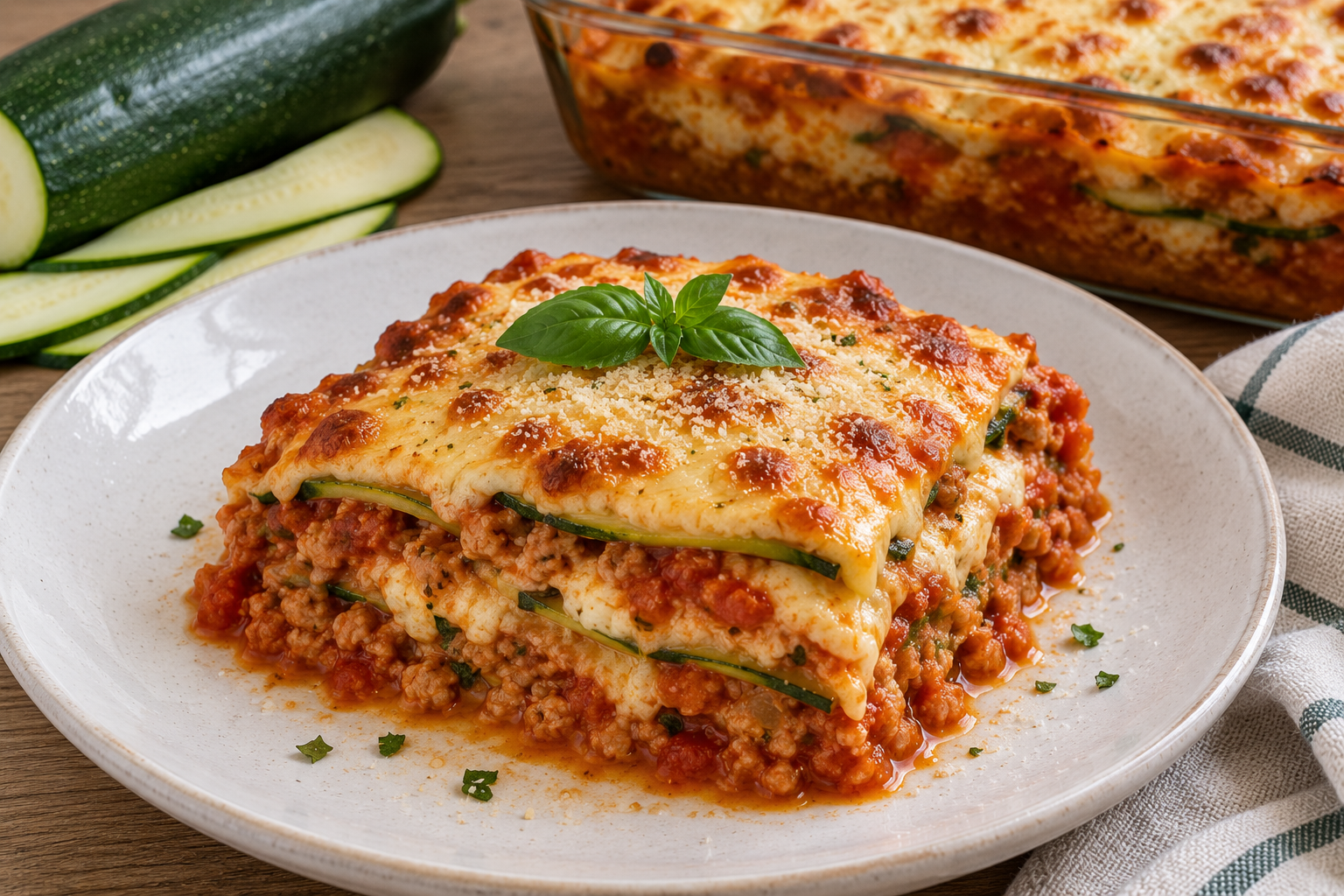 Lasaña de calabacín saludable, sin pasta y jugosa, un clásico italiano hecho ligero en menos de una hora.