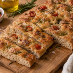 Focaccia italiana con harina integral y patata cocida, de miga húmeda y corteza crujiente, aromatizada con aceite de oliva, romero y sal en escamas.