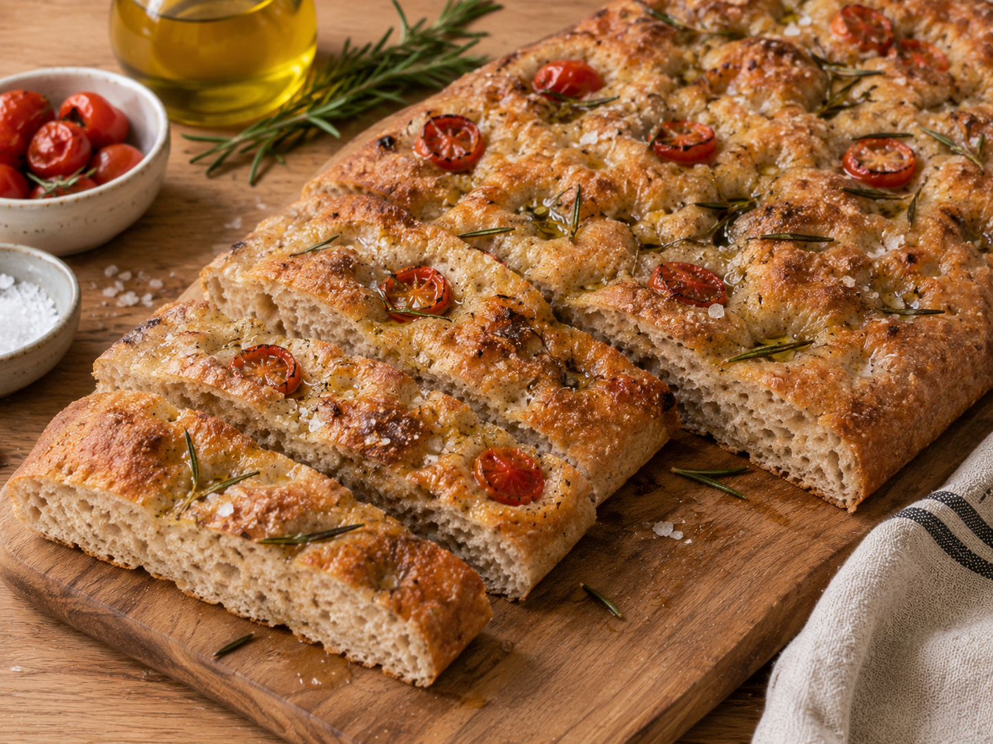 Focaccia italiana con harina integral y patata cocida, de miga húmeda y corteza crujiente, aromatizada con aceite de oliva, romero y sal en escamas.